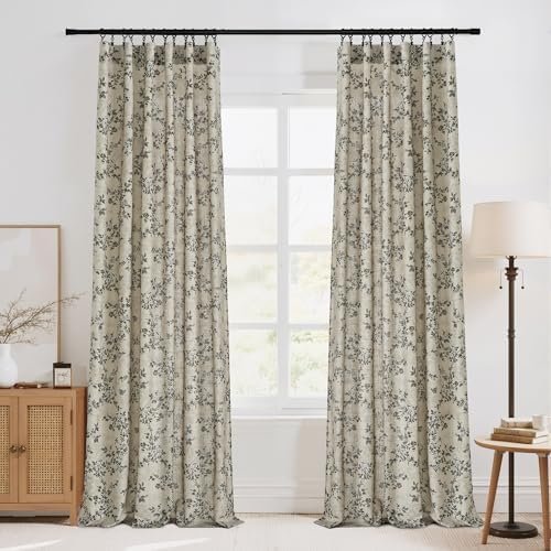 StangH Classic Floral Curtains Vintage Printed Butterfly Pattern Thick Linen Textured Non-See-Through Drapes for Sliding Door/Guest Room/Kid’s Room,52Wx84L，Porcelain,2 Panels