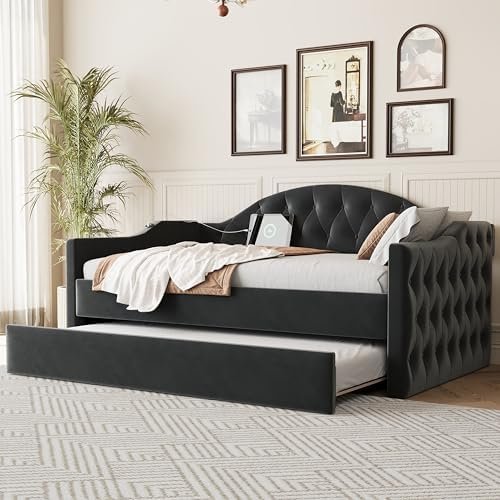 Twin Size Upholstered Daybed with Trundle,Velvet Sofabed with USB Charging Ports,No Box-Spring Needed,Green (Black)