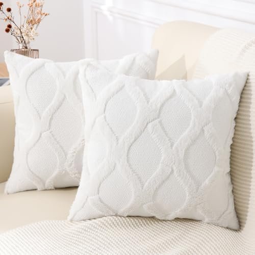 decorUhome Spring Throw Pillow Covers 18×18 Inch Set of 2, Soft Plush Faux Fur Wool Cream White Accent Couch Pillow Covers for Modern Farmhouse Bed Sofa Living Room
