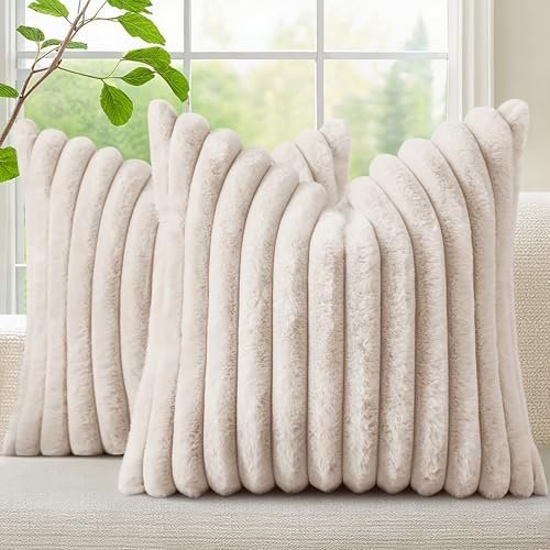 decorUhome Summer Cozy Faux Fur Throw Pillow Covers 18×18 Set of 2 Decorative Soft Plush Striped Modern Farmhouse Boho Couch Pillow Cases with Velvet Back for Sofa Bed Living Room, Beige