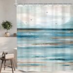 KOMLLEX Abstract Teal Beach Shower Curtain for Bathroom Decor 60Wx72H Ocean Oil Painting Sea Wave Seagull Mountain Nature Landscape Summer Hawaii Scenery Fabric Waterproof Polyester 12 Pack Hooks