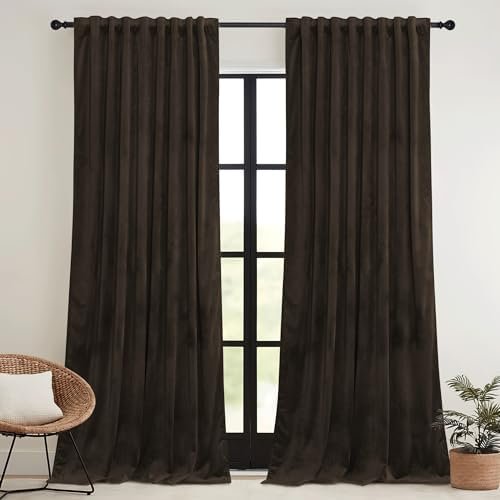 RYB HOME Brown Blackout Curtains 84 inches Long Velvet, Room Darkening Thermal Insulated Drapes with Hook Belt for Bedroom Home Theater, W 52 x L 84 inches, 2 Panels Set