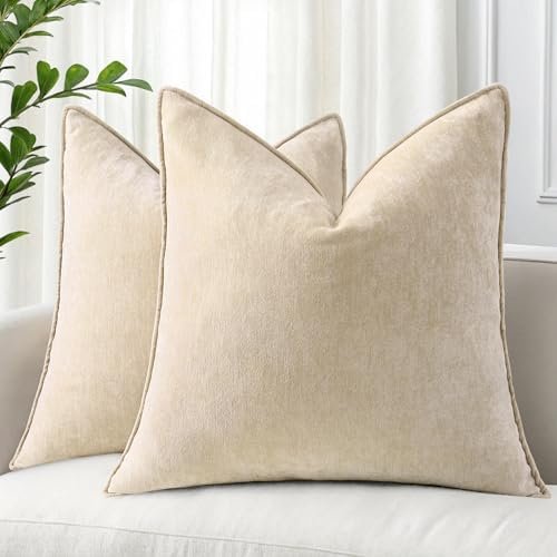 decorUhome Spring Couch Throw Pillow Covers 18×18 Set of 2, Decorative Soft Velvet Modern Cozy Chenille Pillow Cases with Elegant Design for Sofa Bed Living Room Home Decor, Beige