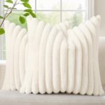 decorUhome Summer Cozy Faux Fur Throw Pillow Covers 18×18 Set of 2 Decorative Soft Plush Striped Modern Farmhouse Boho Couch Pillow Cases with Velvet Back for Sofa Bed Living Room, Cream White