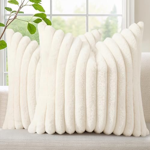 decorUhome Summer Cozy Faux Fur Throw Pillow Covers 18×18 Set of 2 Decorative Soft Plush Striped Modern Farmhouse Boho Couch Pillow Cases with Velvet Back for Sofa Bed Living Room, Cream White