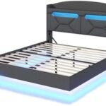 Modern Floating Bed Frame with RGB LED Lights & Storage Headboard Queen Size