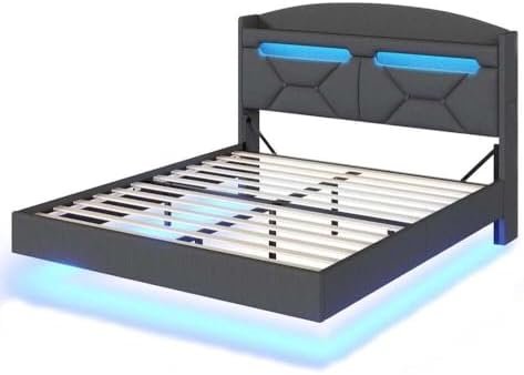 Modern Floating Bed Frame with RGB LED Lights & Storage Headboard Queen Size Modern Floating Bed Frame with RGB LED Lights & Storage Headboard Queen Size