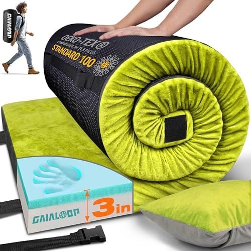GAIALOOP 3 Inch Memory Foam Camping Mattress, Dual Layer Thick Sleeping Camp Pad for Car Tent Cot, Roll-Up Portable Glamping Floor Bed for Guests Sleepover GAIALOOP 3 Inch Memory Foam Camping Mattress, Dual Layer Thick Sleeping Camp Pad for Car Tent Cot, Roll-Up Portable Glamping Floor Bed for Guests Sleepover
