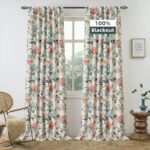 DriftAway Ada Floral Botanical Print Flower Leaf Lined Thermal Insulated Room Darkening Blackout Window Curtains 2 Layers Set of 2 Panels Each 52 Inch by 84 Inch Orange Teal Beige Linen
