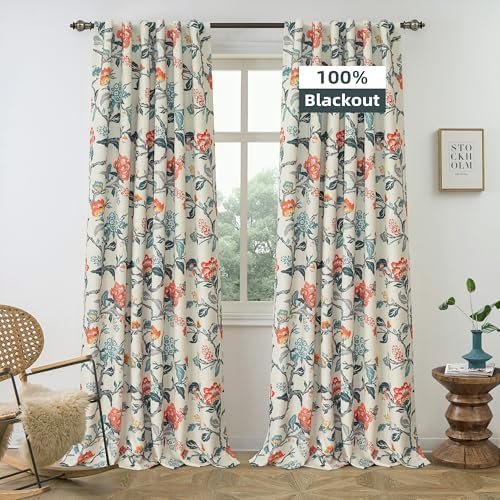 DriftAway Ada Floral Botanical Print Flower Leaf Lined Thermal Insulated Room Darkening Blackout Window Curtains 2 Layers Set of 2 Panels Each 52 Inch by 84 Inch Orange Teal Beige Linen