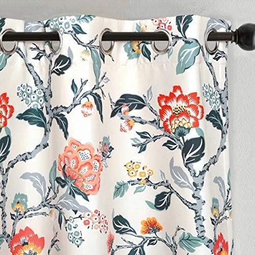 DriftAway Ada Floral Thermal Insulated Double Layer Room Darkening Blackout Curtains Botanical Leaf Flower Printed Patterned Drapes Lined Set of 2 Panels Each 52 Inch by 84 Inch Ivory Orange Teal