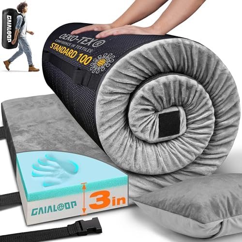GAIALOOP 3 Inch Memory Foam Camping Mattress, Dual Layer Thick Sleeping Camp Pad for Car Tent Cot, Roll-Up Portable Glamping Floor Bed for Guests Sleepover GAIALOOP 3 Inch Memory Foam Camping Mattress, Dual Layer Thick Sleeping Camp Pad for Car Tent Cot, Roll-Up Portable Glamping Floor Bed for Guests Sleepover