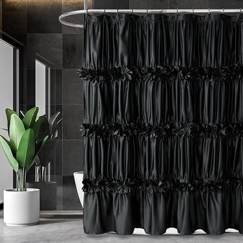 Homechoice Decor Black Ruffle Shower Curtain, Vintage Handcrafted Bow Tie Bath Curtain for Master Bathroom, Ruched Satin Bathroom Curtain with 12 Buttonholes, 72″ W x 72″ H (LQ-10) Homechoice Decor Black Ruffle Shower Curtain, Vintage Handcrafted Bow Tie Bath Curtain for Master Bathroom, Ruched Satin Bathroom Curtain with 12 Buttonholes, 72″ W x 72″ H (LQ-10)
