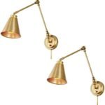 Kira Home Ellis 18″ Set of 2 Modern Gold Swing Arm Wall Sconce with Cone Shades, 2-in-1 Plug in or Hardwired Vintage Library Style Gold Wall Lamp, Warm Brass Finish
