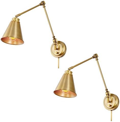 Kira Home Ellis 18″ Set of 2 Modern Gold Swing Arm Wall Sconce with Cone Shades, 2-in-1 Plug in or Hardwired Vintage Library Style Gold Wall Lamp, Warm Brass Finish