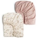 Konssy Muslin Crib Sheets for Girl Boy, 2 PCS Soft and Breathable Cotton Baby Sheets for Standard Crib Mattress, 52″x 28″ (Floral, Pink)