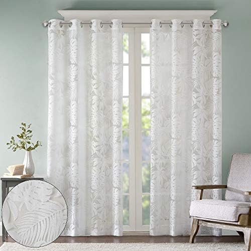 Madison Park Semi Sheer Single Curtain Modern Contemporary Botanical Print Out Design, Grommet Top, Window Drape for Living Room, Bedroom and Dorm, 50×95″, Tropical White