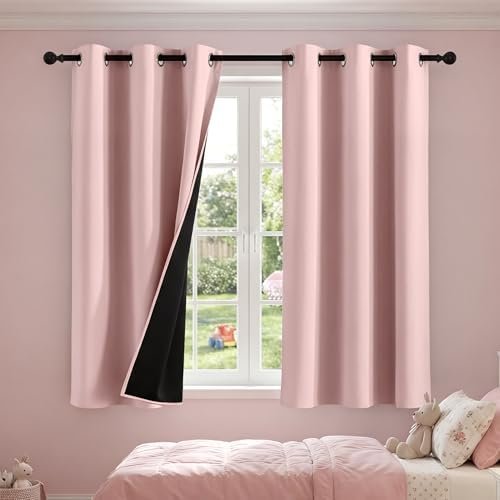NICETOWN 100% Blackout Pink Curtains for Girls Room 2 Panels, W42 x L63 in per Panel, Privacy Protection & Thermal Insulated Grommet Window Drapes for Nursery Bedroom