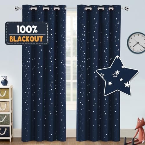 PrinceDeco Blackout Kids Curtains for Bedroom Thermal Insulated Silver Twinkle Star Curtains for Boys Antique Grommet Top Window Treatment 2 Panels Drapes for Nursery (52″ W x 84″ L, Navy/Silver) PrinceDeco Blackout Kids Curtains for Bedroom Thermal Insulated Silver Twinkle Star Curtains for Boys Antique Grommet Top Window Treatment 2 Panels Drapes for Nursery (52″ W x 84″ L, Navy/Silver)