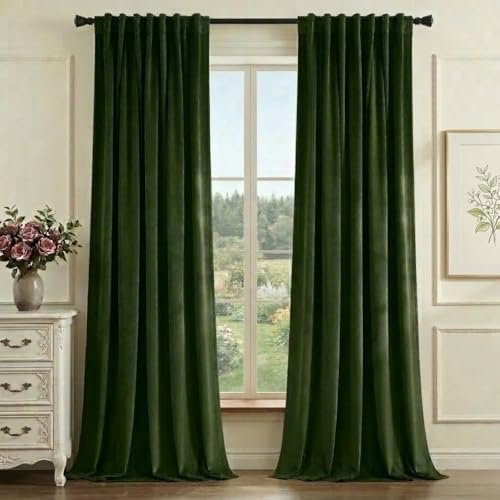 StangH Green Velvet Curtains 84 Inch Length, Luxury Vintage Emerald Drapes for Bedroom, Dark Green Room Darkening Window Treatment for Living Room with Back Tab & Hook Belt, W52 x L84, 2 Panels