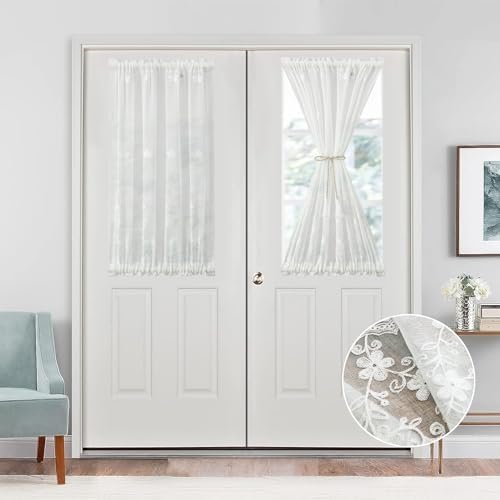 VOGOL Door Curtain 40 Inch Long, Sheer White Door Panels with Rod Pocket Top and Bottom, Linen Texture Floral Vine Pattern Doorway Curtains, 1 Panel
