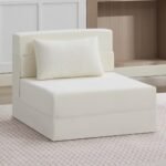 WUTUTUEE Folding Sofa Bed Convertible Floor Couch Foldable Chair Bed with Pillow，Linen Sleeper Chair Futon,Foldable Memory Foam Mattress for Bedroom/Living Room/Dorm/Office (Beige, Single)
