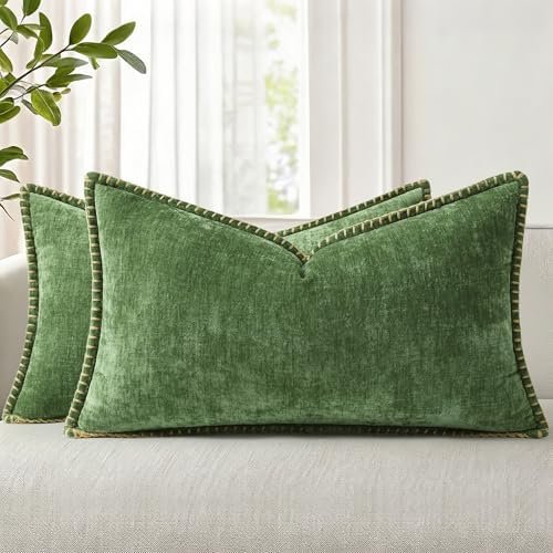decorUhome Chenille Soft Cozy Throw Pillow Covers 12×20 Set of 2, Modern Farmhouse Boho Velvet Decorative Pillow Cases with Stitched Edge for Couch Sofa Bed Home Decor, Forest Green decorUhome Chenille Soft Cozy Throw Pillow Covers 12×20 Set of 2, Modern Farmhouse Boho Velvet Decorative Pillow Cases with Stitched Edge for Couch Sofa Bed Home Decor, Forest Green