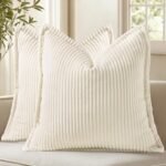 decorUhome Summer Corduroy Cream White Throw Pillow Covers 18×18 Set of 2 Decorative Soft Boho Farmhouse Couch Pillow Covers for Living Room Bed Sofa Broadside Striped Pillow Cases