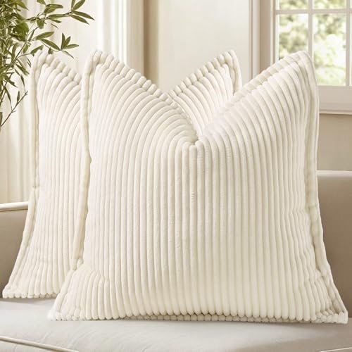 decorUhome Summer Corduroy Cream White Throw Pillow Covers 18×18 Set of 2 Decorative Soft Boho Farmhouse Couch Pillow Covers for Living Room Bed Sofa Broadside Striped Pillow Cases