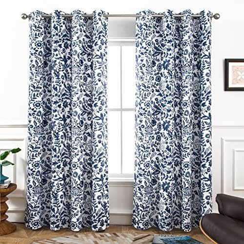 DriftAway Julia Blackout Curtains for Bedroom Navy Floral Watercolor Pattern Double Layer Thermal Insulated Sound Reducing Room Darkening Drapes for Living Room Grommet 2 Panels Each W52 x L84 Navy