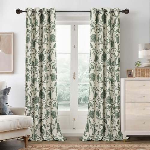 DriftAway Linen Floral Paisley Green Blackout Curtains for Living Room Bedroom 84 Inch Length 2 Panels Lined Grommet Window Drapes Thermal Farmhouse Country Jacobean Curtains Loden Green
