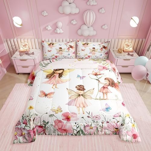 Erosebridal Dreamy Fairy Twin Comforter Set,Pink Fairy Garden Bedding Sets for Girls Kids,Cute Floral Butterfly Quilt Bed Set,Princess Girly Coquette Bedroom Decor,1 Pillowcase Reversible Erosebridal Dreamy Fairy Twin Comforter Set,Pink Fairy Garden Bedding Sets for Girls Kids,Cute Floral Butterfly Quilt Bed Set,Princess Girly Coquette Bedroom Decor,1 Pillowcase Reversible