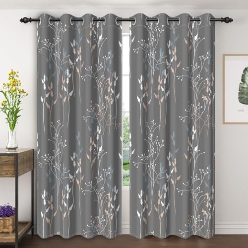 Gray Leaves Blackout Curtains 84 Inches, Room Darkening Curtains for Living Room Bedroom with Botanical Printed, 2 Panels Set W52xL84