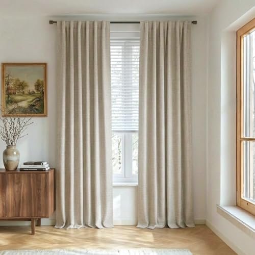 NICETOWN Natural 100% Blackout Linen Curtains 84″ Long for Bedroom, Farmhouse Thick Linen Blend Window Treatment Panels Thermal Insulated Drapes for Living Room (1 Pair, 52″ Width Each Panel)