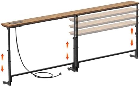 keomaisyto 2 Pack Narrow Sofa Table with Power Outlets, 22″-32″ Height Adjustable Behind Couch Table, Skinny Console Table for Living Room,78.8″ Long x 5.9″ Wide, Rustic Brown