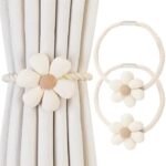 Magnetic Curtain Tiebacks, 2 Pack Window Curtain Treatment Holdbacks Tie Back Holders with Weave Twist Rope for Home Bedroom Office Indoor & Outdoor Decorative Boho Flower Cream Beige