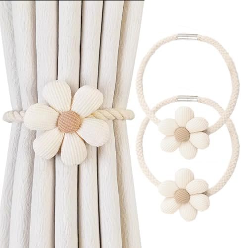 Magnetic Curtain Tiebacks, 2 Pack Window Curtain Treatment Holdbacks Tie Back Holders with Weave Twist Rope for Home Bedroom Office Indoor & Outdoor Decorative Boho Flower Cream Beige Magnetic Curtain Tiebacks, 2 Pack Window Curtain Treatment Holdbacks Tie Back Holders with Weave Twist Rope for Home Bedroom Office Indoor & Outdoor Decorative Boho Flower Cream Beige