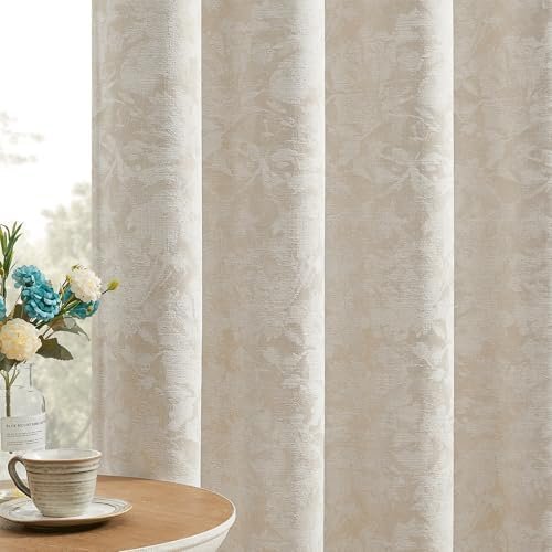 Beauoop Beige Floral Jacquard Blackout Curtains 84 Inches Long 2 Panels for Bedroom Living Room Chenille Flower Room Darkening Thermal Insulated Soundproof Rod Pocket Back Tab Window Drapes, 52×84