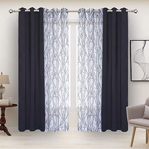BONZER Mix and Match Curtains – 2 Pieces Branch Print Sheer Curtains and 2 Pieces Blackout Curtains for Bedroom Living Room Grommet Window Drapes, 37×84 Inch/Panel, Grey Dark, Set of 4 Panels