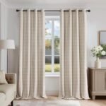 Beauoop Beige Plaid Jacquard Blackout Curtains 84 Inches Long 2 Panels for Bedroom Living Room Gingham Checkered Room Darkening Thermal Insulated Soundproof Grommet Window Drapes, 52×84 2 Set