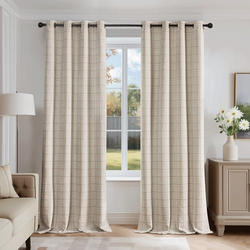Beauoop Beige Plaid Jacquard Blackout Curtains 84 Inches Long 2 Panels for Bedroom Living Room Gingham Checkered Room Darkening Thermal Insulated Soundproof Grommet Window Drapes, 52×84 2 Set Beauoop Beige Plaid Jacquard Blackout Curtains 84 Inches Long 2 Panels for Bedroom Living Room Gingham Checkered Room Darkening Thermal Insulated Soundproof Grommet Window Drapes, 52×84 2 Set