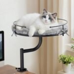 Cat Desk Bed, 360°Rotation & Height Adjustable Cat Bed for Desk Holds up to 40lbs, Machine-Washable Plush Cover | Cat Bed Desk Clamp-on mount, Washable Plush Cover, Metal Frame, 16″ Platform, Home Office Use