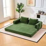 Convertible Sofa Bed, Comfy Foldable Bed Compressed Sofa in Box Corduroy Futon Couch with Storage Pocket, Folding Pull Out Futon Sofa, No Assembly Boneless Couch for Living Room, Green