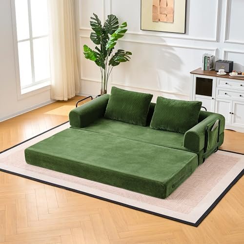 Convertible Sofa Bed, Comfy Foldable Bed Compressed Sofa in Box Corduroy Futon Couch with Storage Pocket, Folding Pull Out Futon Sofa, No Assembly Boneless Couch for Living Room, Green