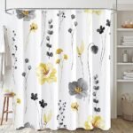 Gibelle Yellow and Grey Floral Shower Curtain, Watercolor Flower Shower Curtain for Bathroom, Modern Minimalist White Waterproof Fabric Shower Curtain Set 72×72 Inch