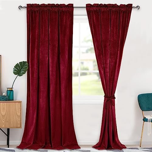 Hiasan Red Velvet Curtains 96 inches-Blackout Thermal Insulated Solid Soft Curtains for Bedroom Living Room Rod Pocket Room Darkening 2 Panels Window Drapes with Tiebacks, 52W x 96L