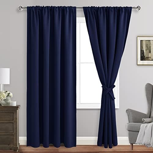 JIUZHEN Blackout Curtains for Bedroom – Thermal Insulated Room Darkening Rod Pocket Curtains for Living Room, Set of 2 Panels with Tiebacks, 42 x 84 Inch Length, Navy Blue JIUZHEN Blackout Curtains for Bedroom – Thermal Insulated Room Darkening Rod Pocket Curtains for Living Room, Set of 2 Panels with Tiebacks, 42 x 84 Inch Length, Navy Blue