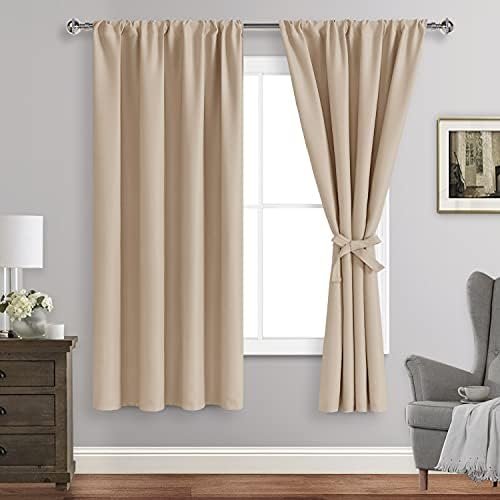 JIUZHEN Blackout Curtains for Bedroom– Thermal Insulated,Noise Reducing Room Darkening Rod Pocket Curtains for Living Room, Set of 2 Panels with Tiebacks, 42 x 63 inch Long, Beige
