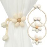 Magnetic Curtain Tiebacks, 2 Pack Window Curtain Treatment Holdbacks Tie Back Holders with Weave Twist Rope for Home Bedroom Office Indoor & Outdoor Decorative Boho Flower Cream Beige