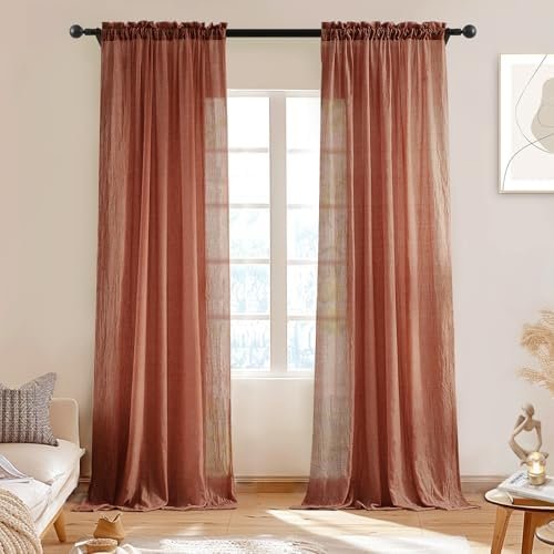 Melodieux Terracotta Sheer Curtains 108 Inches Long for Living Room Sliding Door, Soft Cotton Linen Light Filtering Curtains Rustic Rod Pocket Crinkle Window Sheer Drapes, 52″ W x 108″ L, 2 Panels Melodieux Terracotta Sheer Curtains 108 Inches Long for Living Room Sliding Door, Soft Cotton Linen Light Filtering Curtains Rustic Rod Pocket Crinkle Window Sheer Drapes, 52″ W x 108″ L, 2 Panels